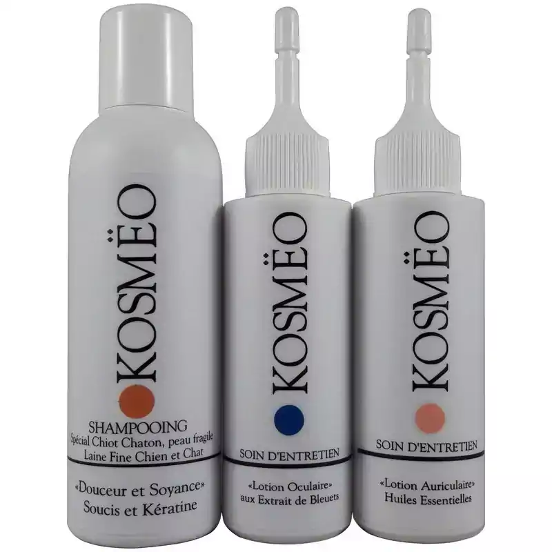 KIT 1er âge Chiot Chaton - Shampooing Douceur et Soyance + lotion oculaire + lotion auriculaire - chien - chat - KOSMEO KIT 1er âge Chiot Chaton - Shampooing Douceur et Soyance + lotion oculaire + lotion auriculaire - chien - chat - KOSMEO